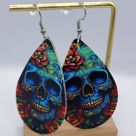 Sugar Skull Faux Leather Earrings Blue Pop Art Dangle Teardrop Gothic Jewelry - Picture 4 of 5